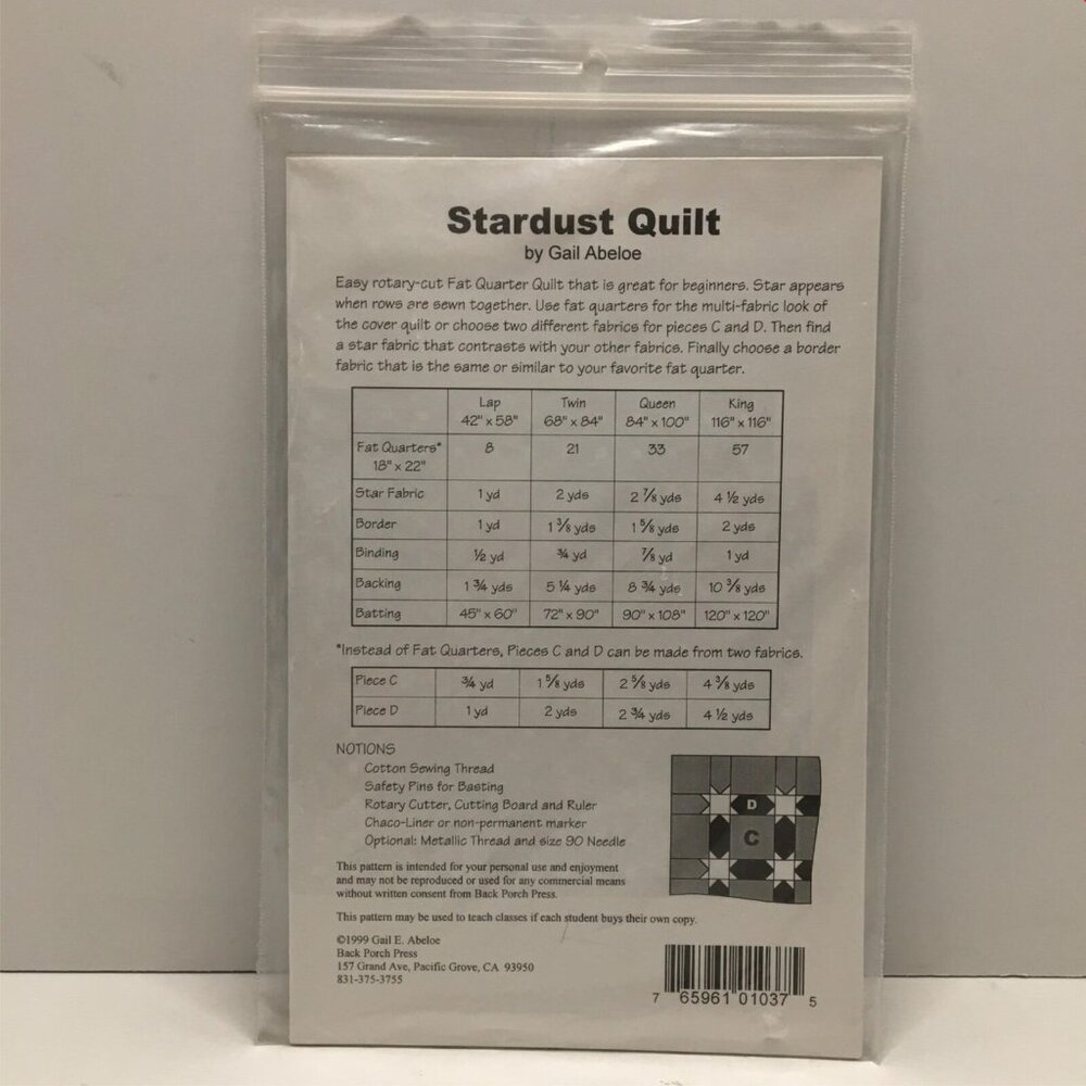 Back Porch Designs Stardust Quilt P037 Fat Quarter Quilting Sewing Pattern Uncut - Picture 2 of 4